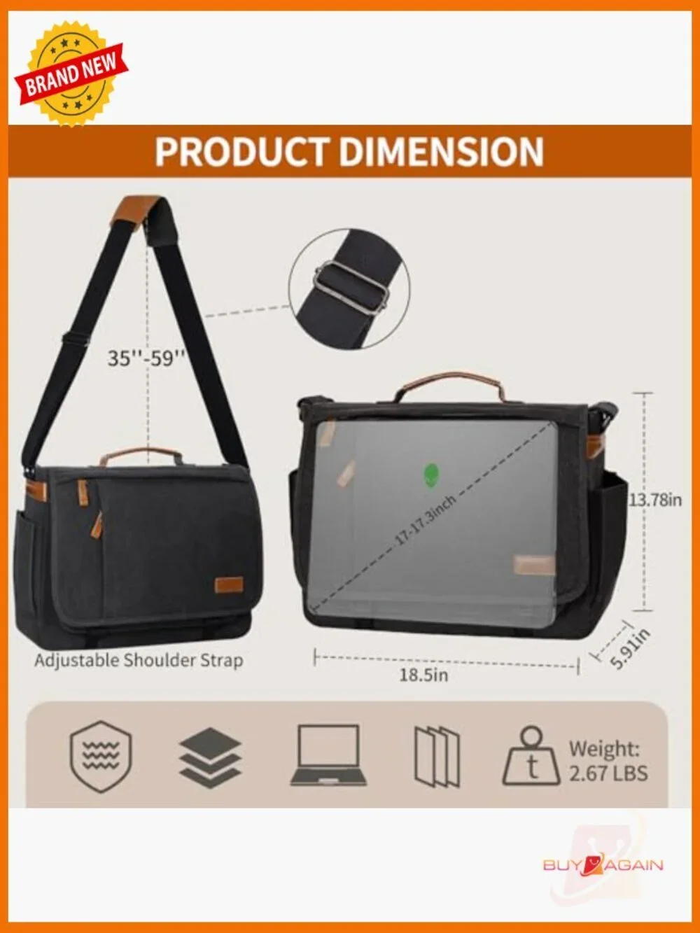 Messenger Bag Laptop 17.3 Inch Water Resistant Canvas, Shoulder Bag for Work